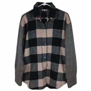 Steve Madden Sophia Plaid Shacket Womens S Black Beige Grunge 90s Shirt Jacket